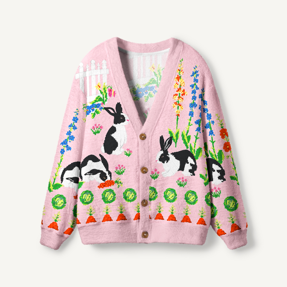 Pink Bunny Garden Print Ugly Cardigan Sweaters
