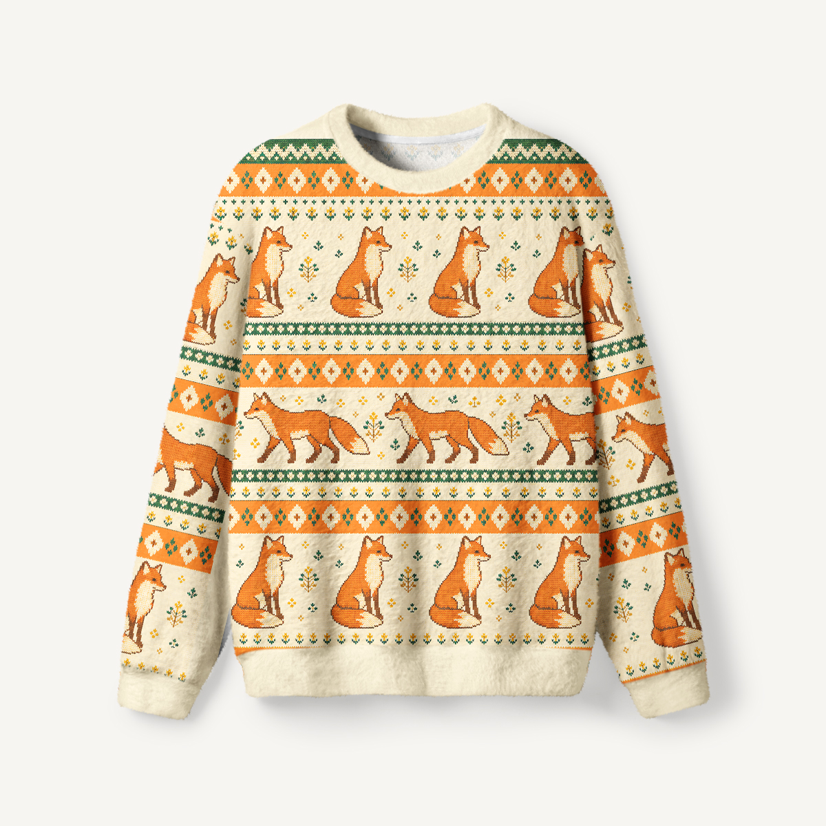 Woodland Fox Geometric Folk Fuzzy Crewneck Sweater