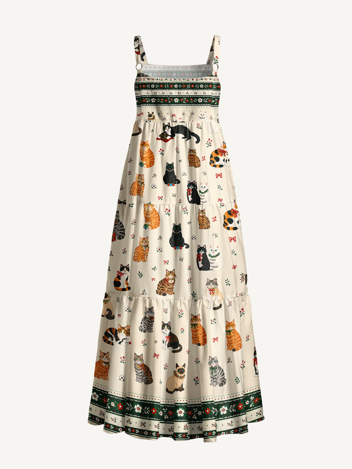Sweet Festive Kitten Garden Print Wide Straps Maxi Dress With Pockets