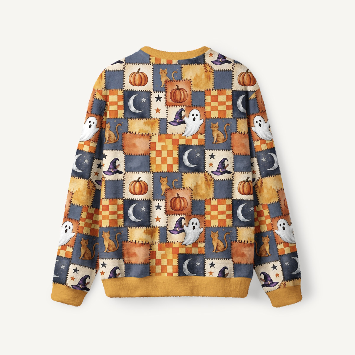 Patchwork Pumpkin Moonlight Fuzzy Crewneck Sweater