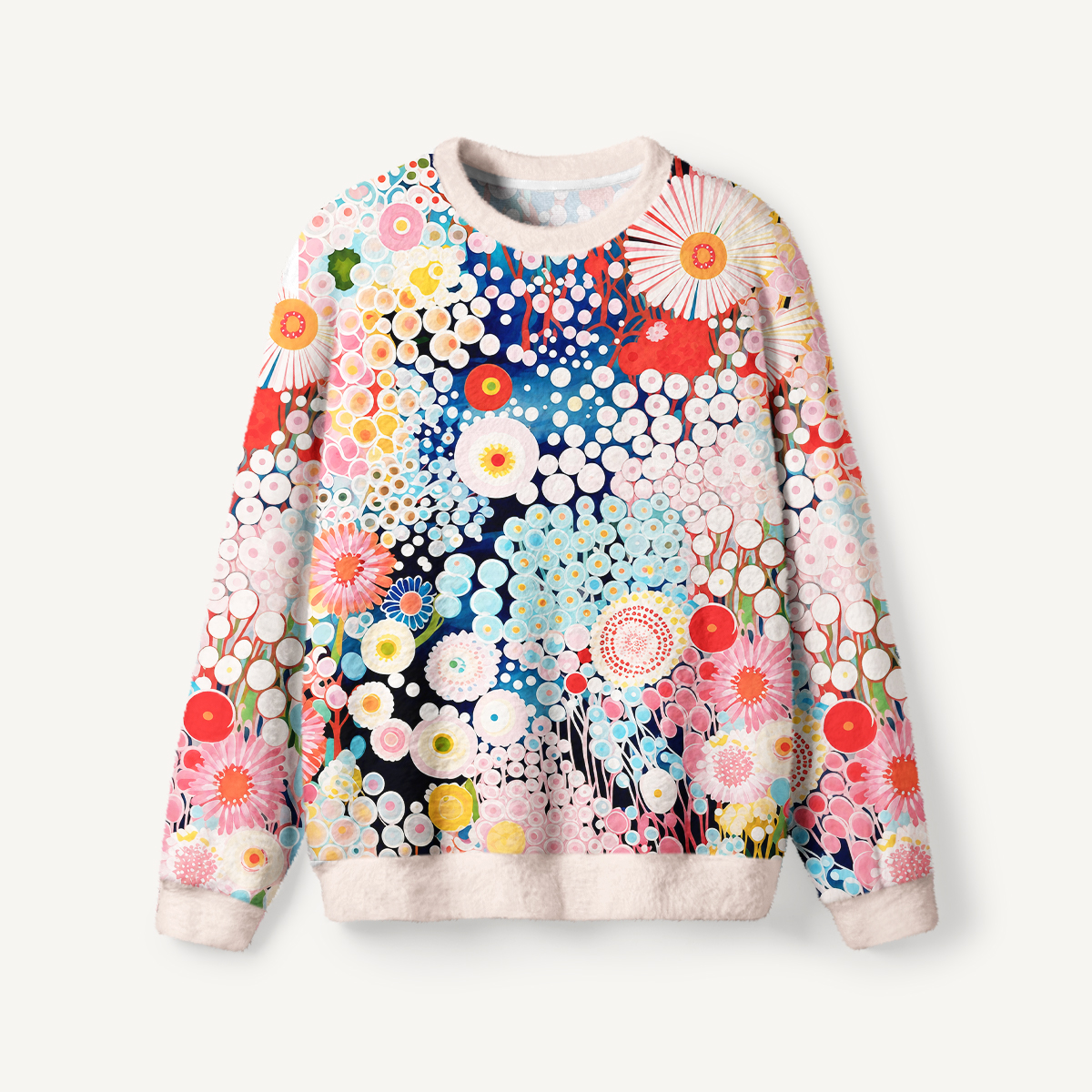 Whimsical Dot Garden Floral Fuzzy Crewneck Sweater