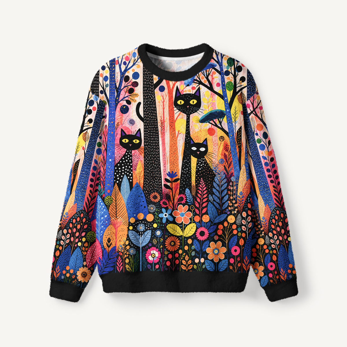 Polka Dot Black Cat Woodland Garden Fuzzy Crewneck Sweater