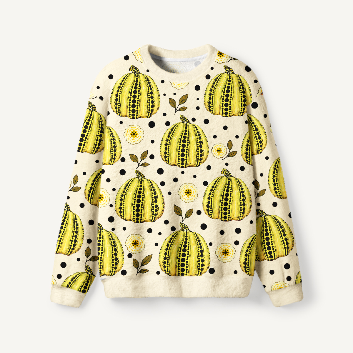 Yellow Polka Dot Pumpkin Floral Fuzzy Crewneck Sweater