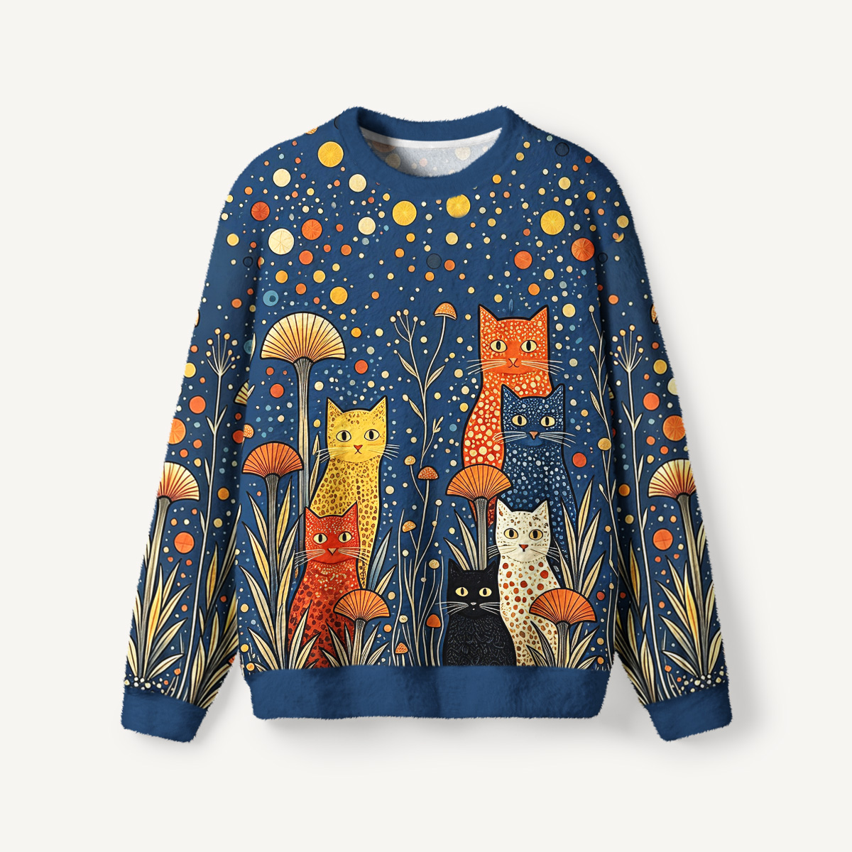 Dotty Moonlit Cats Fuzzy Crewneck Sweater
