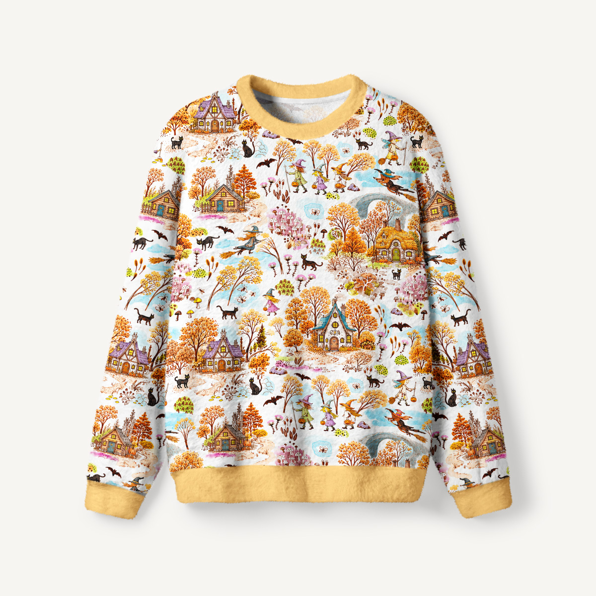 Autumn Halloween Village Fuzzy Crewneck Sweater