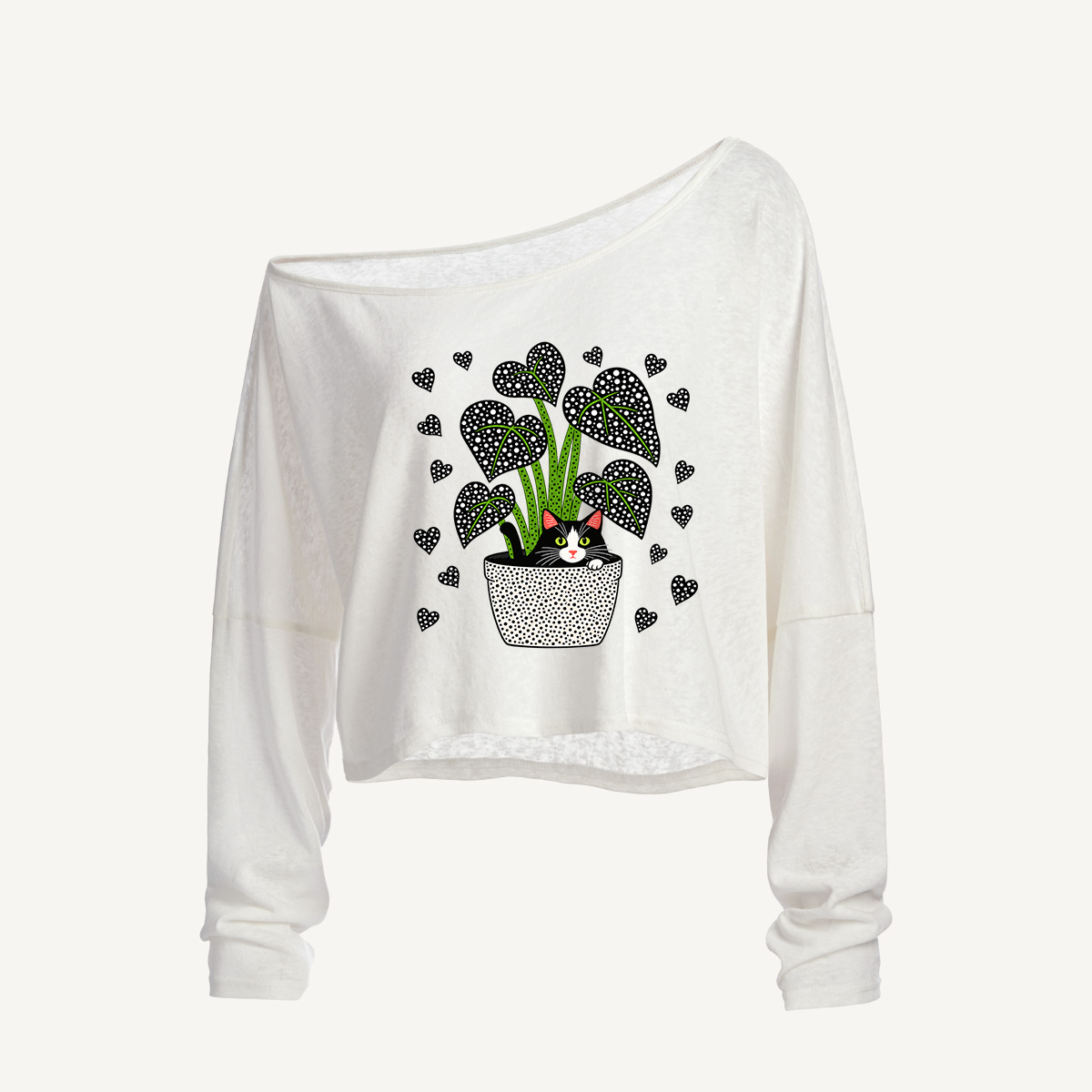 Polka Dot Plant Companion Long Sleeve Off Shoulder T-shirt