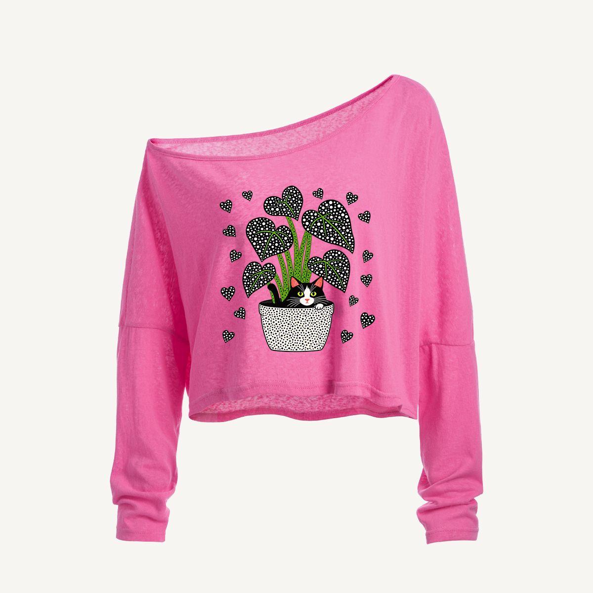 Polka Dot Plant Companion Long Sleeve Off Shoulder T-shirt