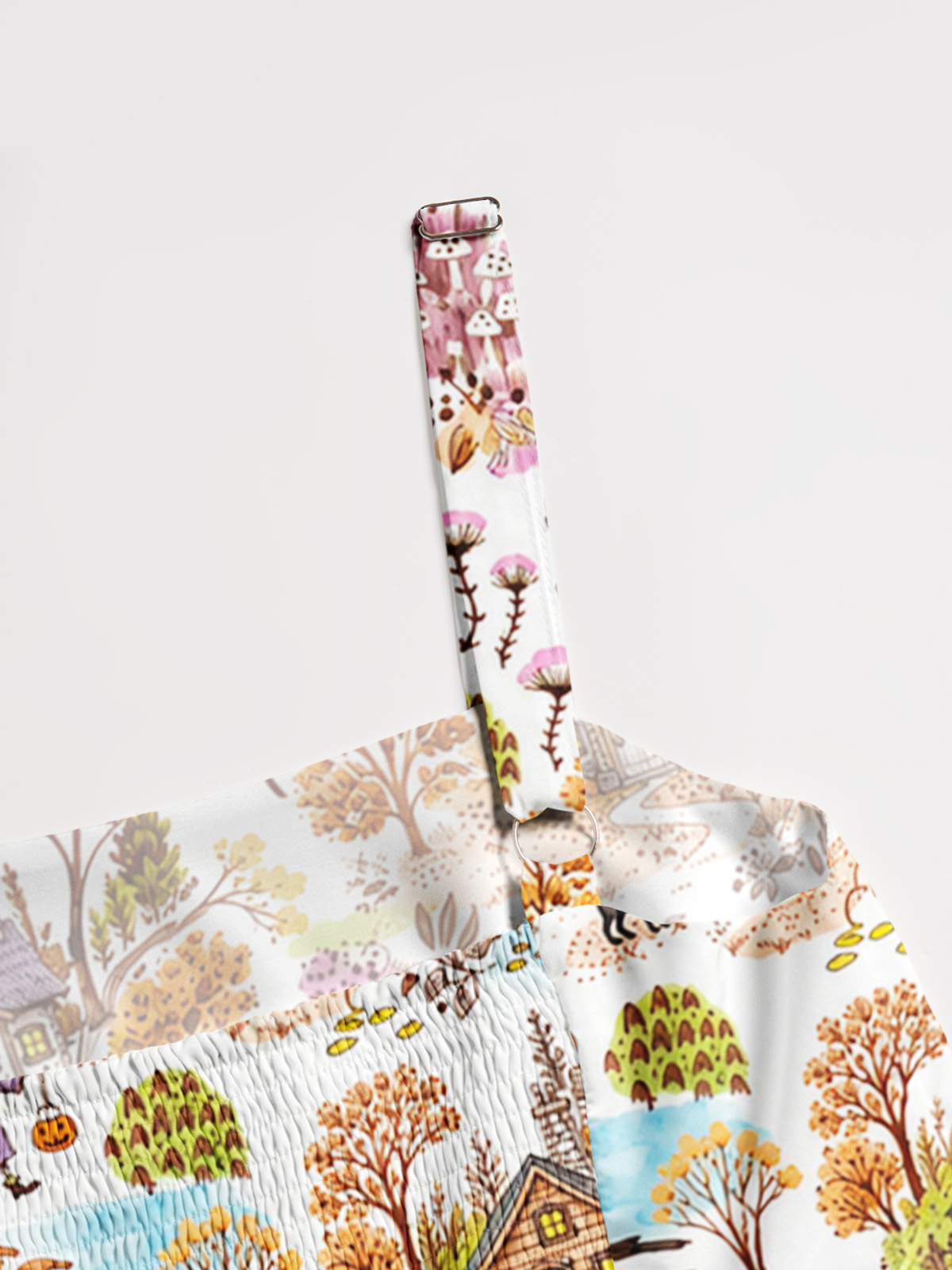 Autumn Halloween Village Print Wide Straps Maxi Dress With Pockets
