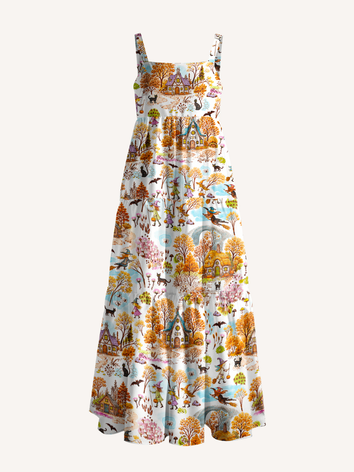 Autumn Halloween Village Print Wide Straps Maxi Dress With Pockets