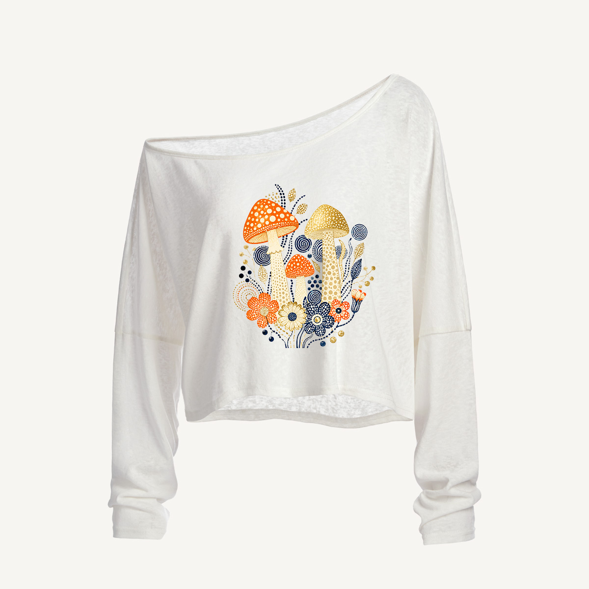 Retro Mushroom Botanical Cluster Long Sleeve Off Shoulder T-shirt