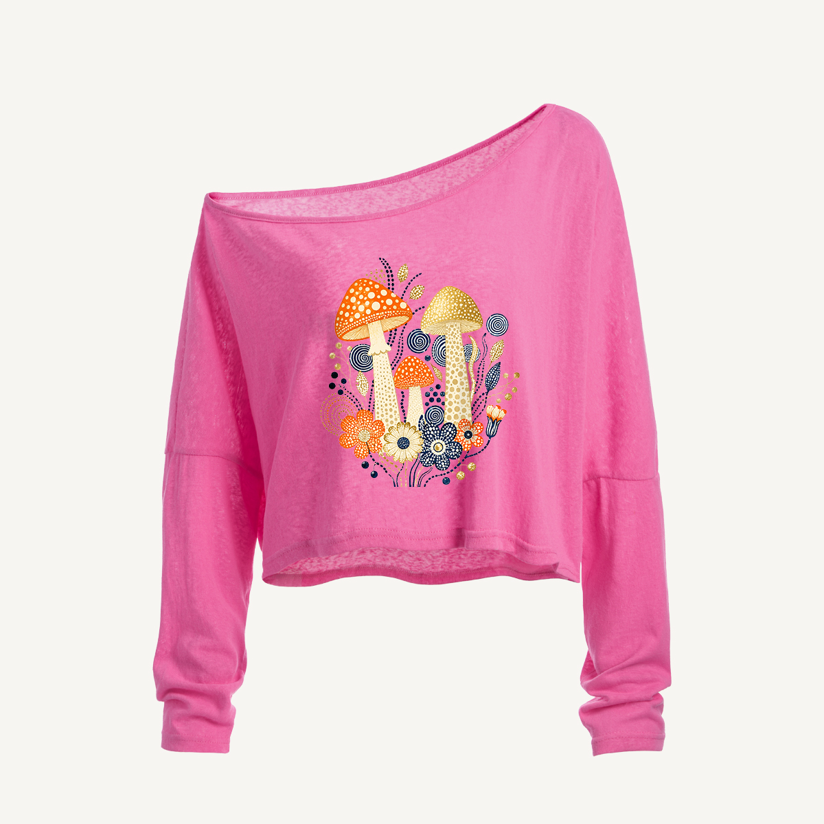 Retro Mushroom Botanical Cluster Long Sleeve Off Shoulder T-shirt