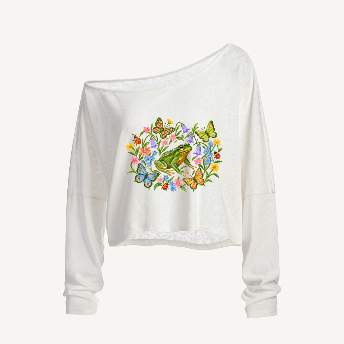Cottagecore Frog And Butterflies Long Sleeve Off Shoulder T-shirt