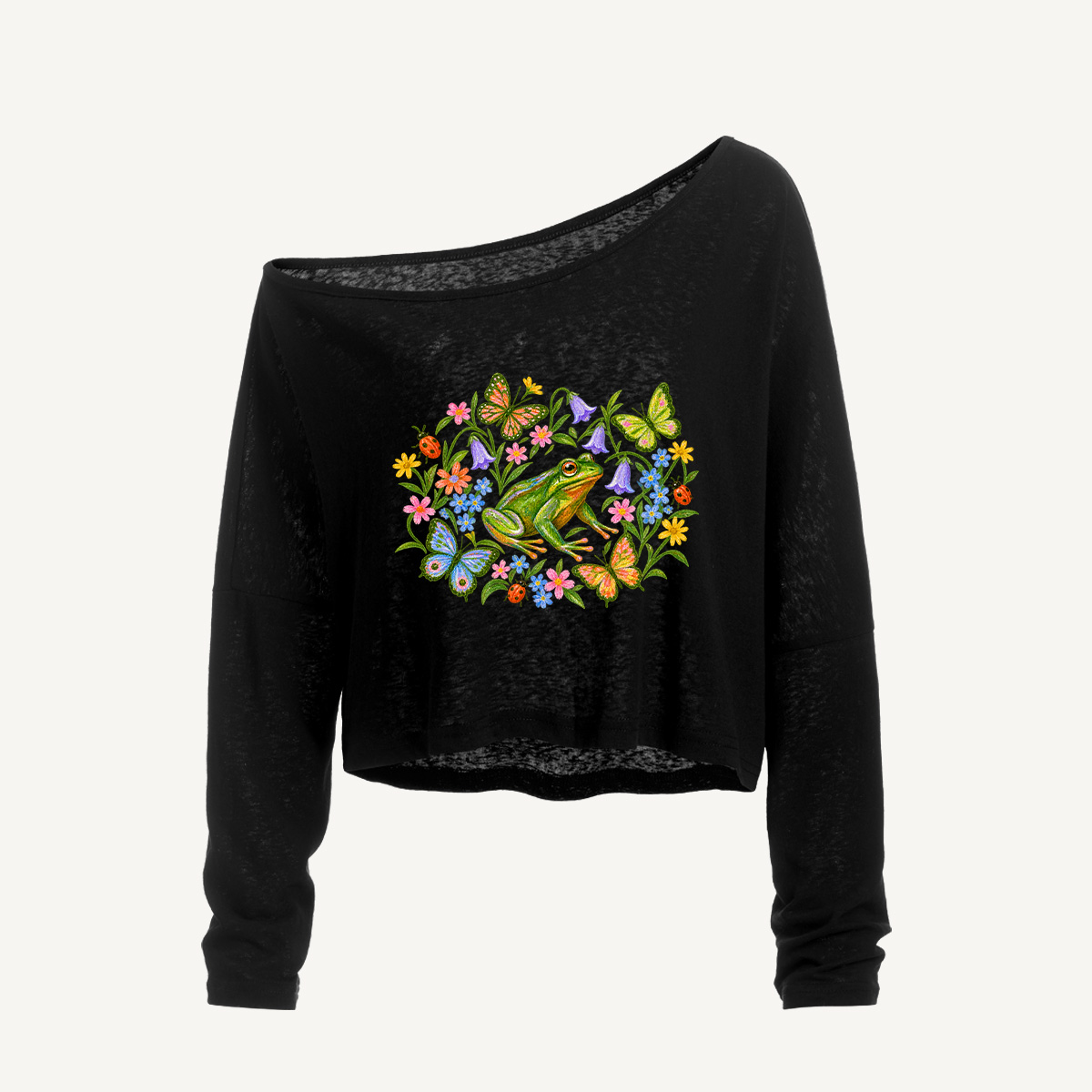 Cottagecore Frog And Butterflies Long Sleeve Off Shoulder T-shirt