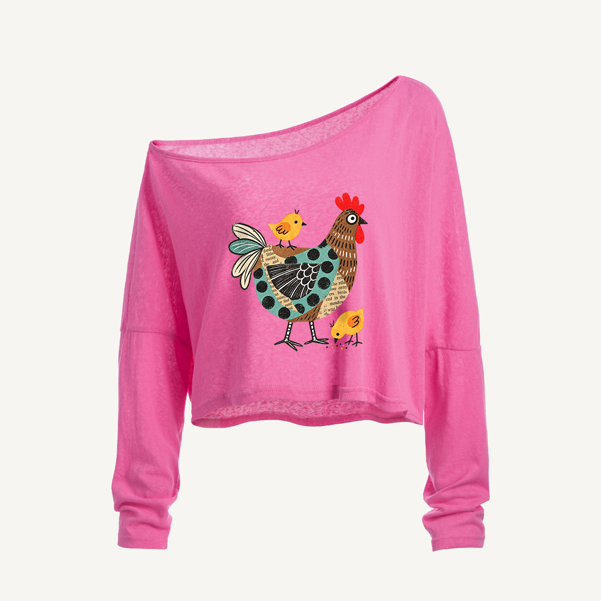 Folk Art Farm Family Long Sleeve Off Shoulder T-shirt