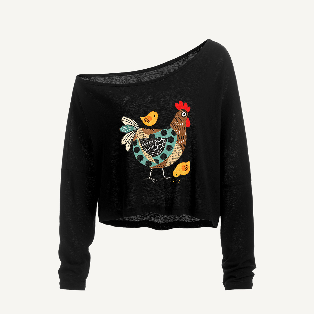Folk Art Farm Family Long Sleeve Off Shoulder T-shirt
