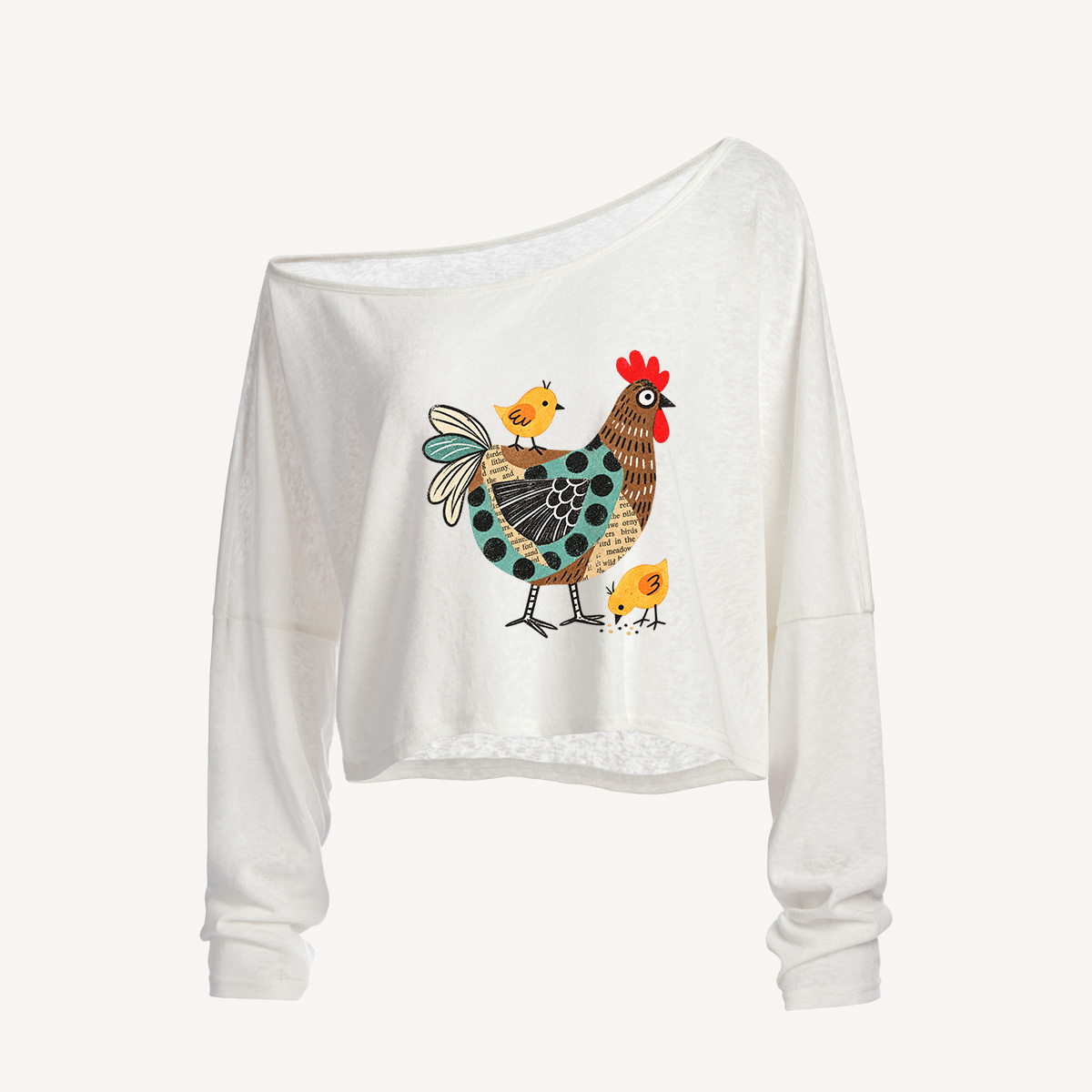 Folk Art Farm Family Long Sleeve Off Shoulder T-shirt