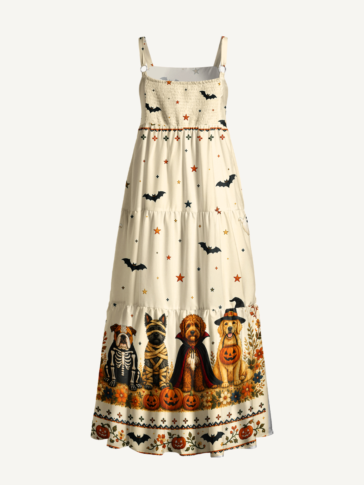 Halloween Costume Pups Print Wide Straps Maxi Dress With Pockets