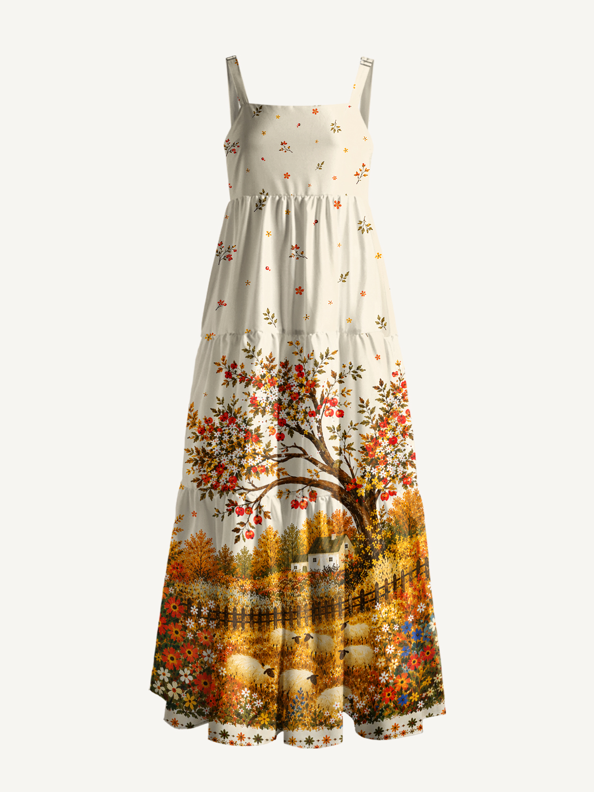 Golden Orchard Sheep Print Wide Straps Maxi Dress With Pockets