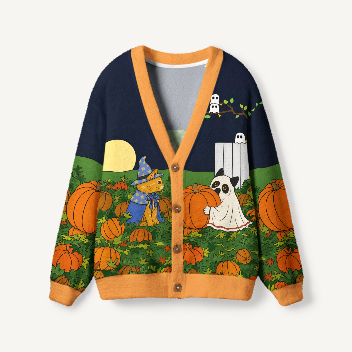 Moonlit Pumpkin Pals Print Ugly Cardigan Sweaters