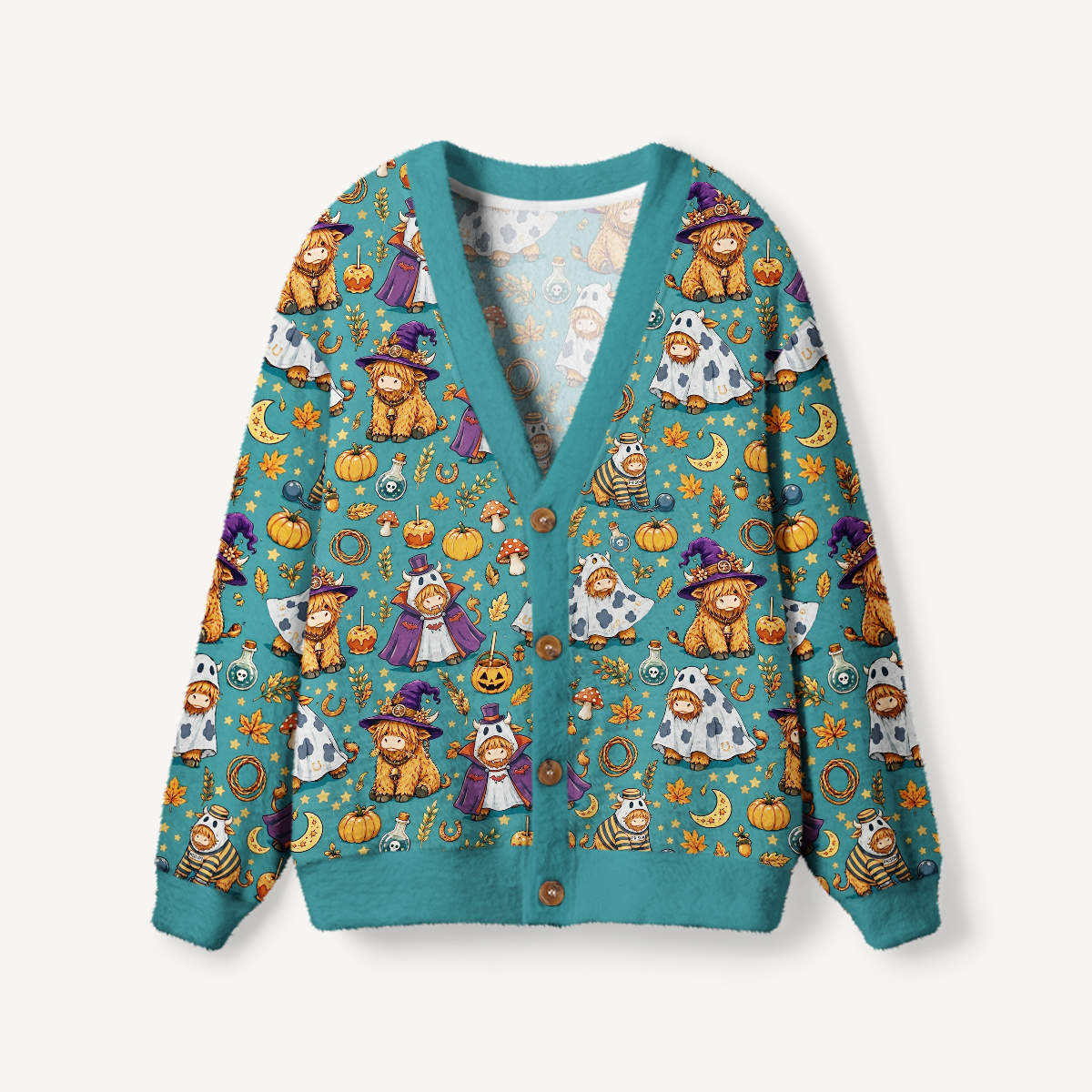Halloween Highland Cow Party Print Ugly Cardigan Sweaters