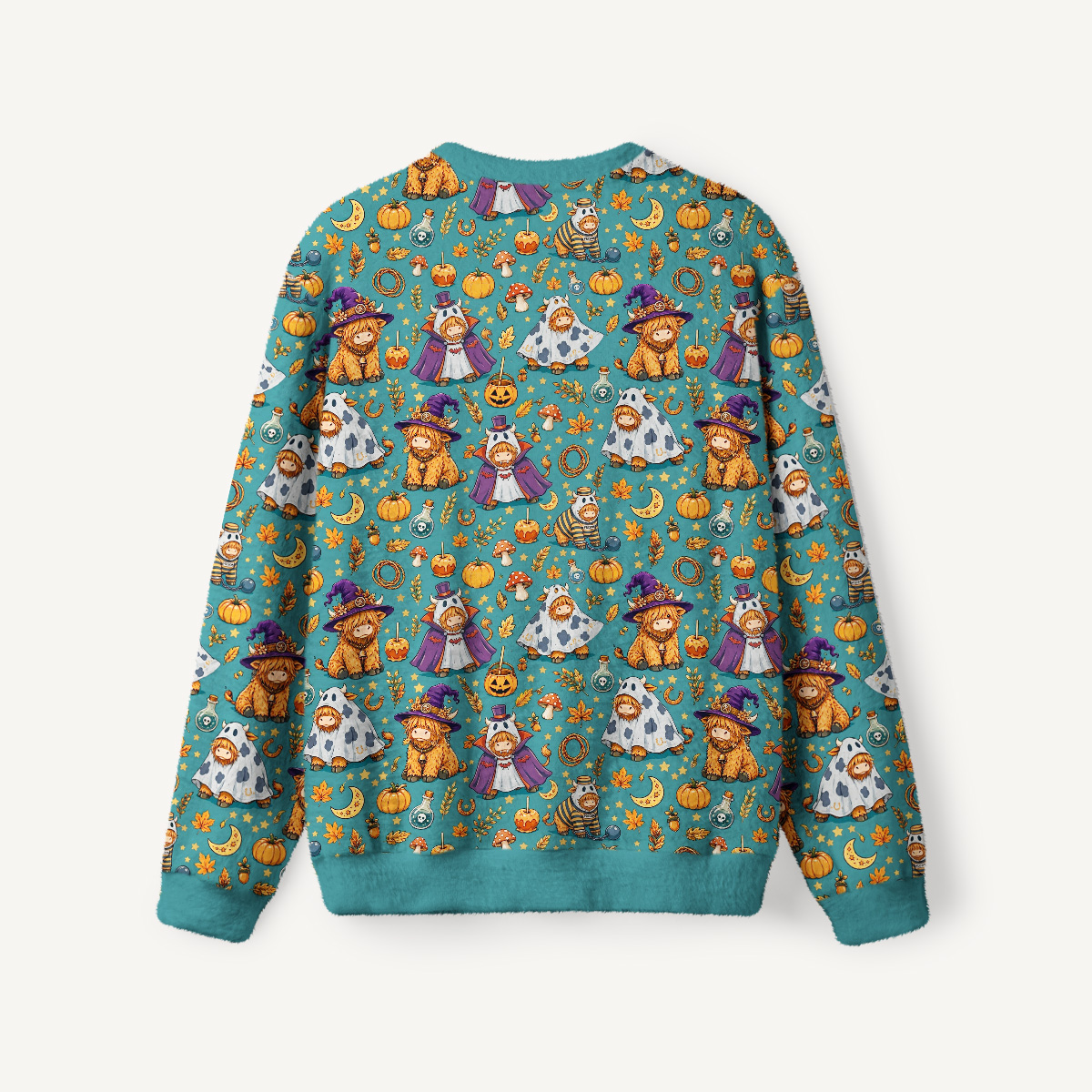 Halloween Highland Cow Party Fuzzy Crewneck Sweater