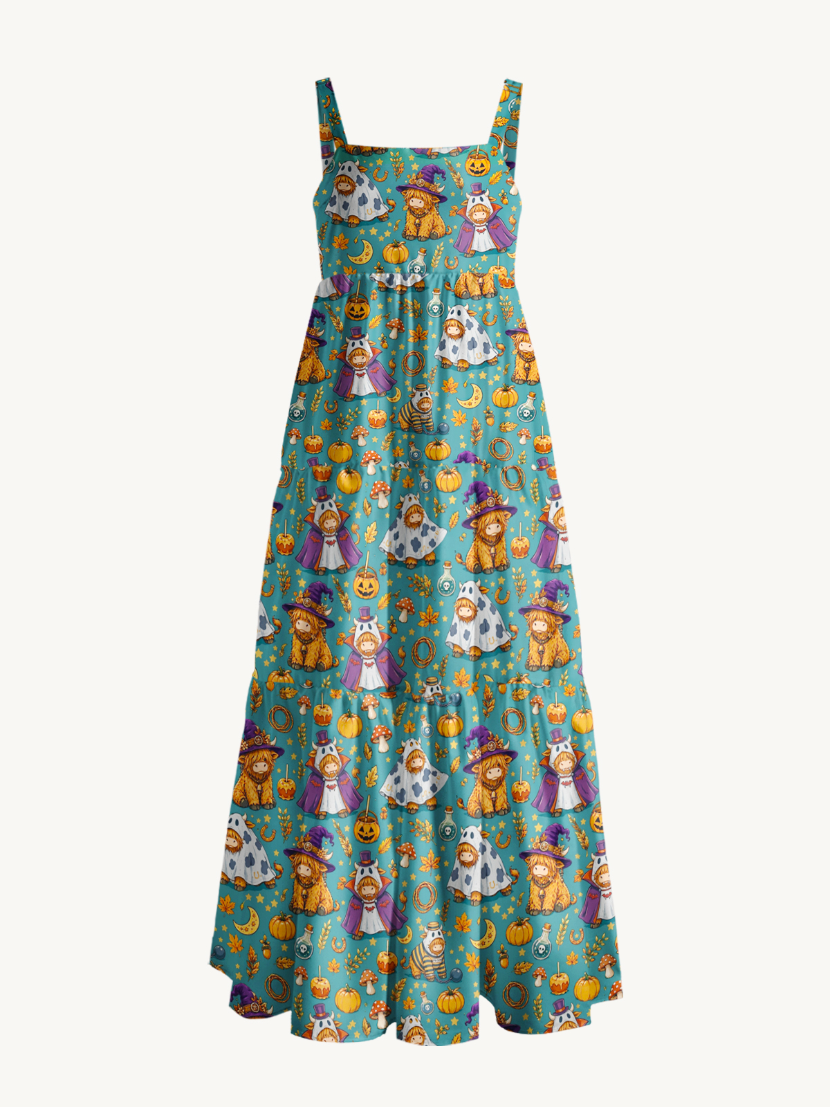 Halloween Highland Cow Party Print Wide Straps Maxi Dress With Pockets