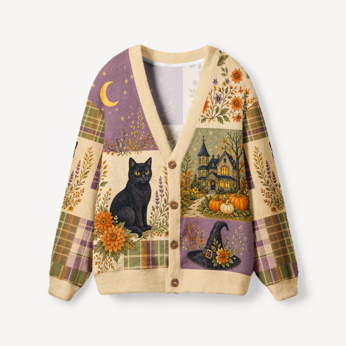 Witchy Halloween Black Cat Cottage Print Ugly Cardigan Sweaters