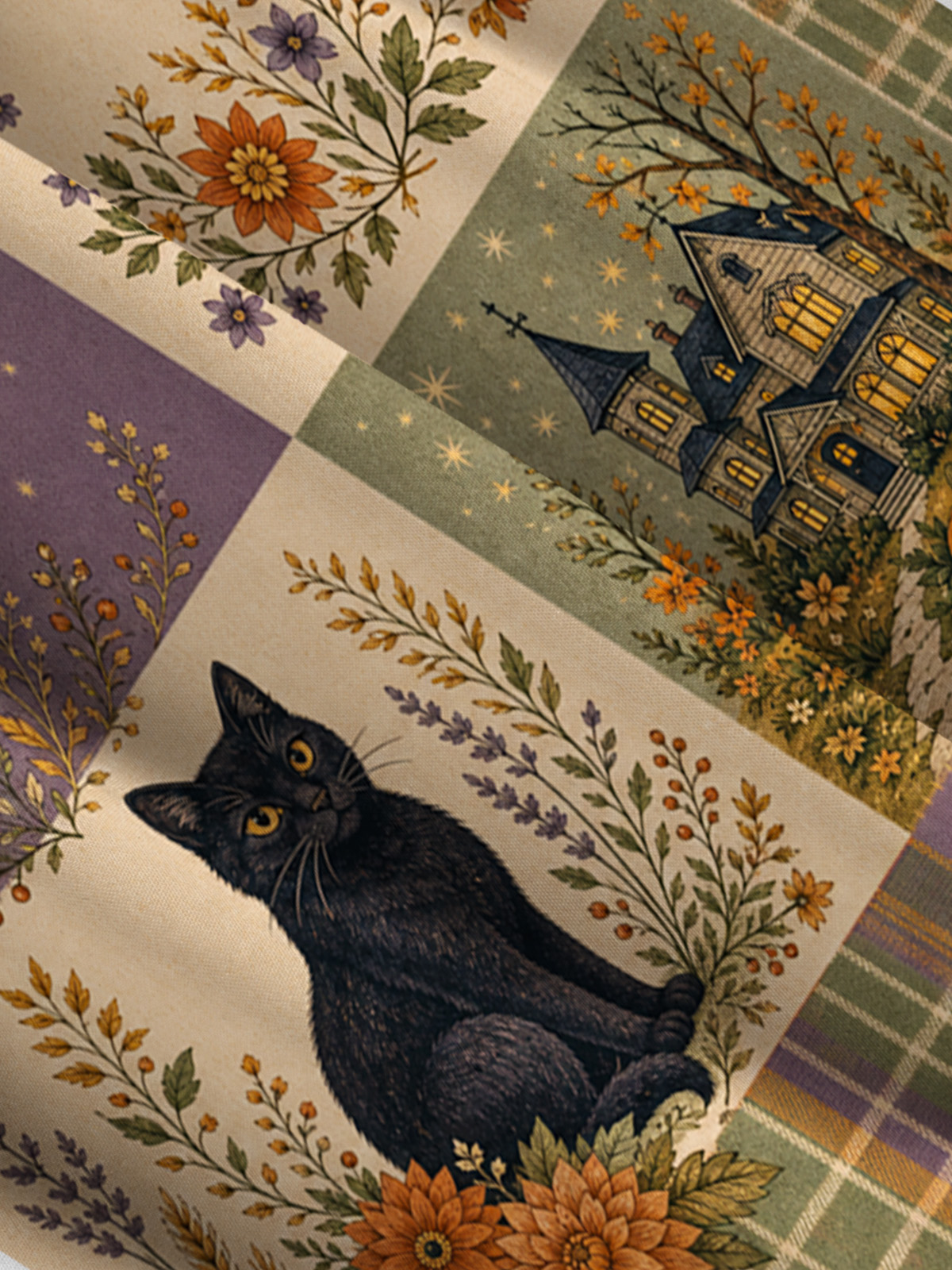 Witchy Halloween Black Cat Cottage Print Wide Straps Maxi Dress With Pockets