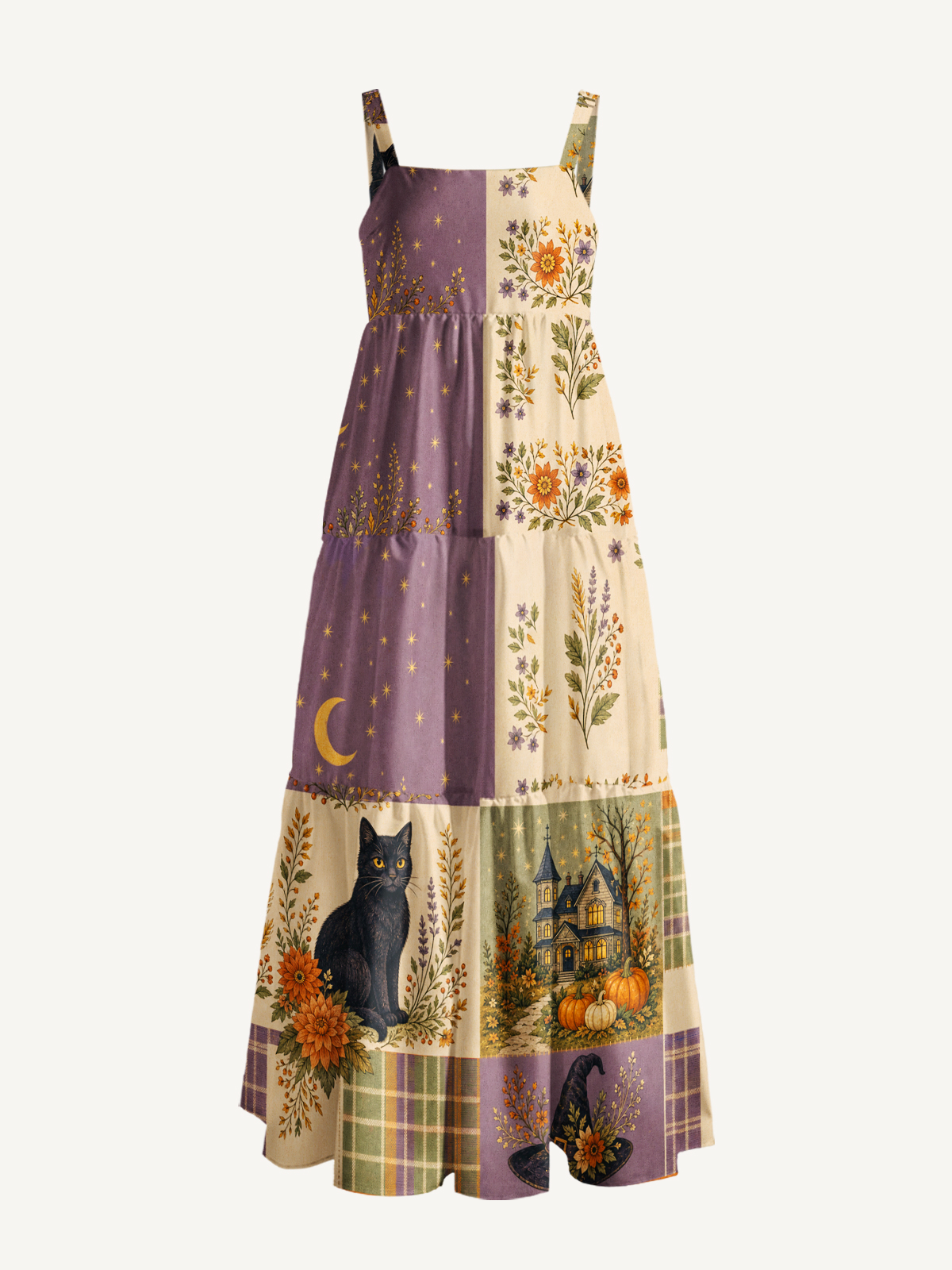Witchy Halloween Black Cat Cottage Print Wide Straps Maxi Dress With Pockets