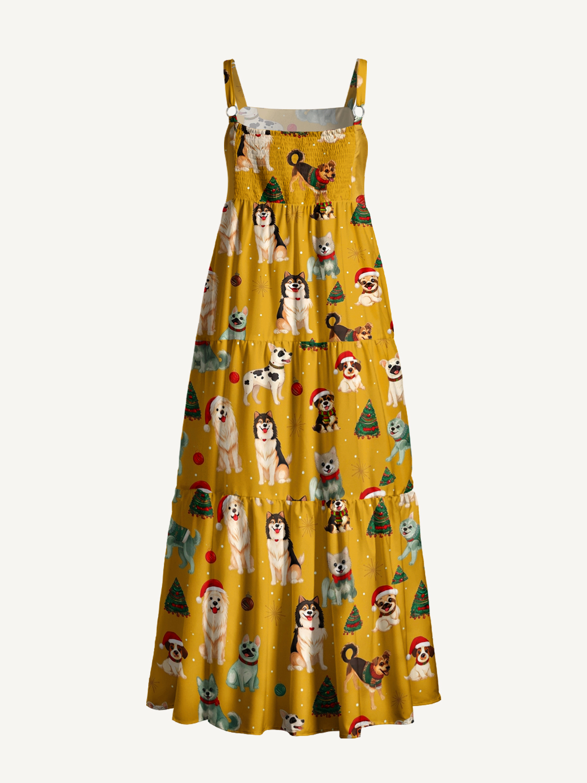 Christmas Puppies Holiday Print Wide Straps Maxi Dress With Pockets