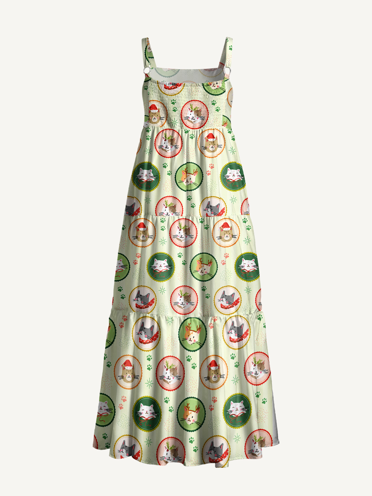 Christmas Kitty Medallions Print Wide Straps Maxi Dress With Pockets