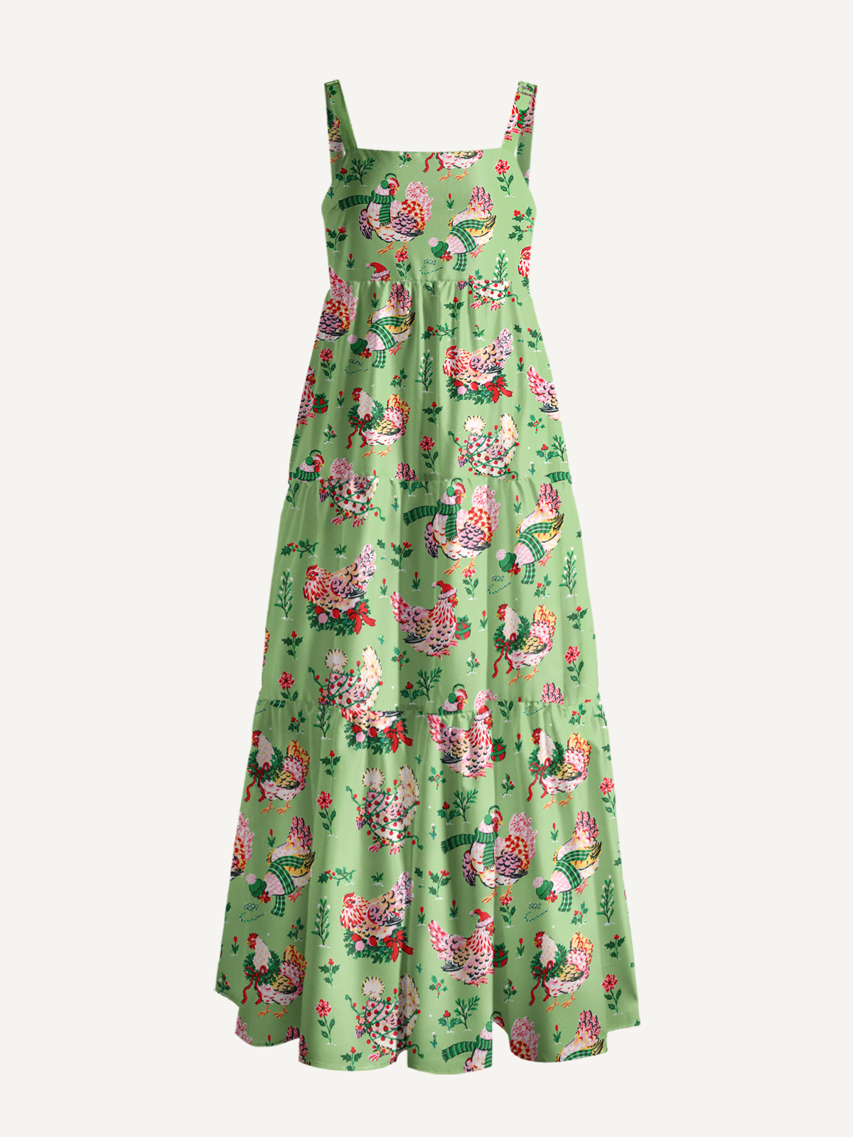 Christmas Chickens Holiday Garden Print Wide Straps Maxi Dress With Pockets