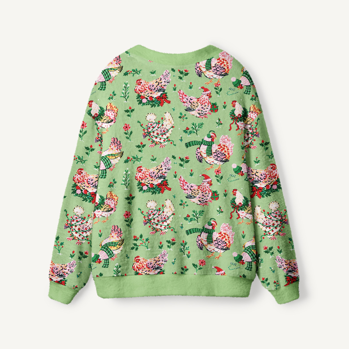 Christmas Chickens Holiday Garden Print Ugly Cardigan Sweaters
