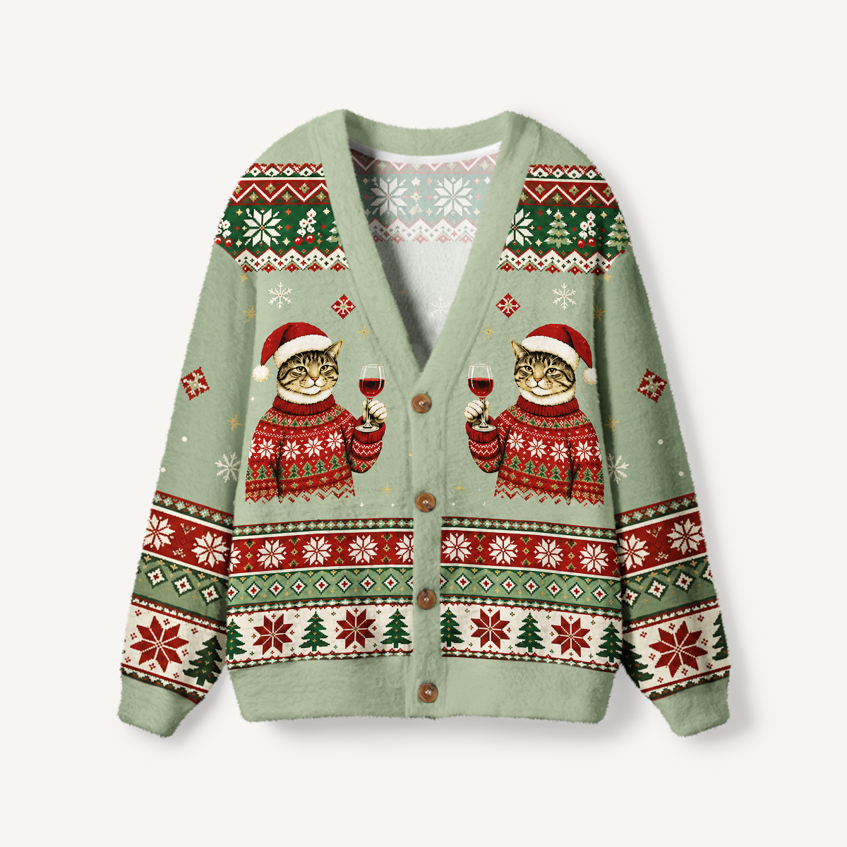 Tipsy Christmas Cat Wine Print Ugly Cardigan Sweaters