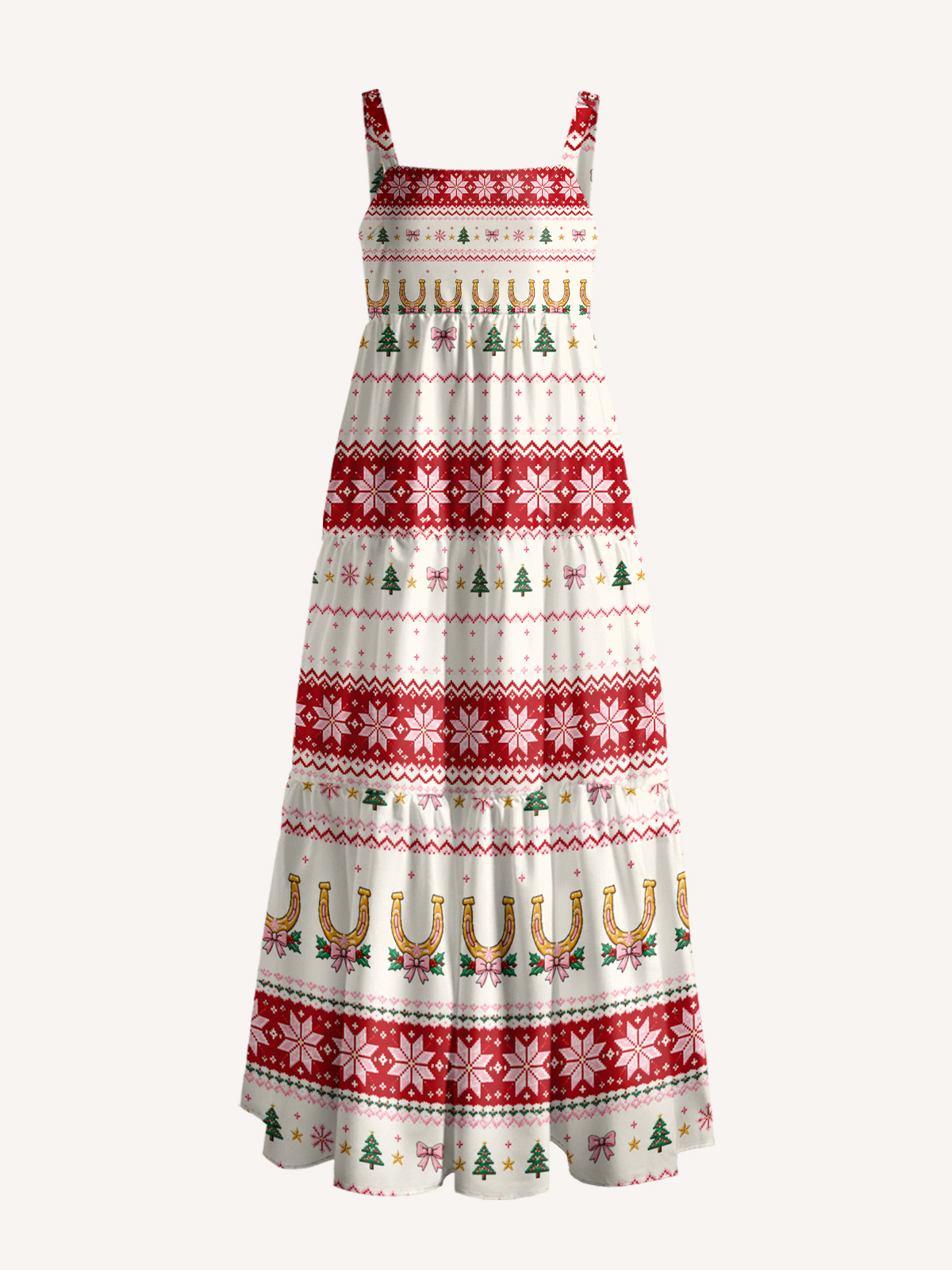 Lucky Horseshoe Christmas Fair Isle Print Wide Straps Maxi Dress With Pockets