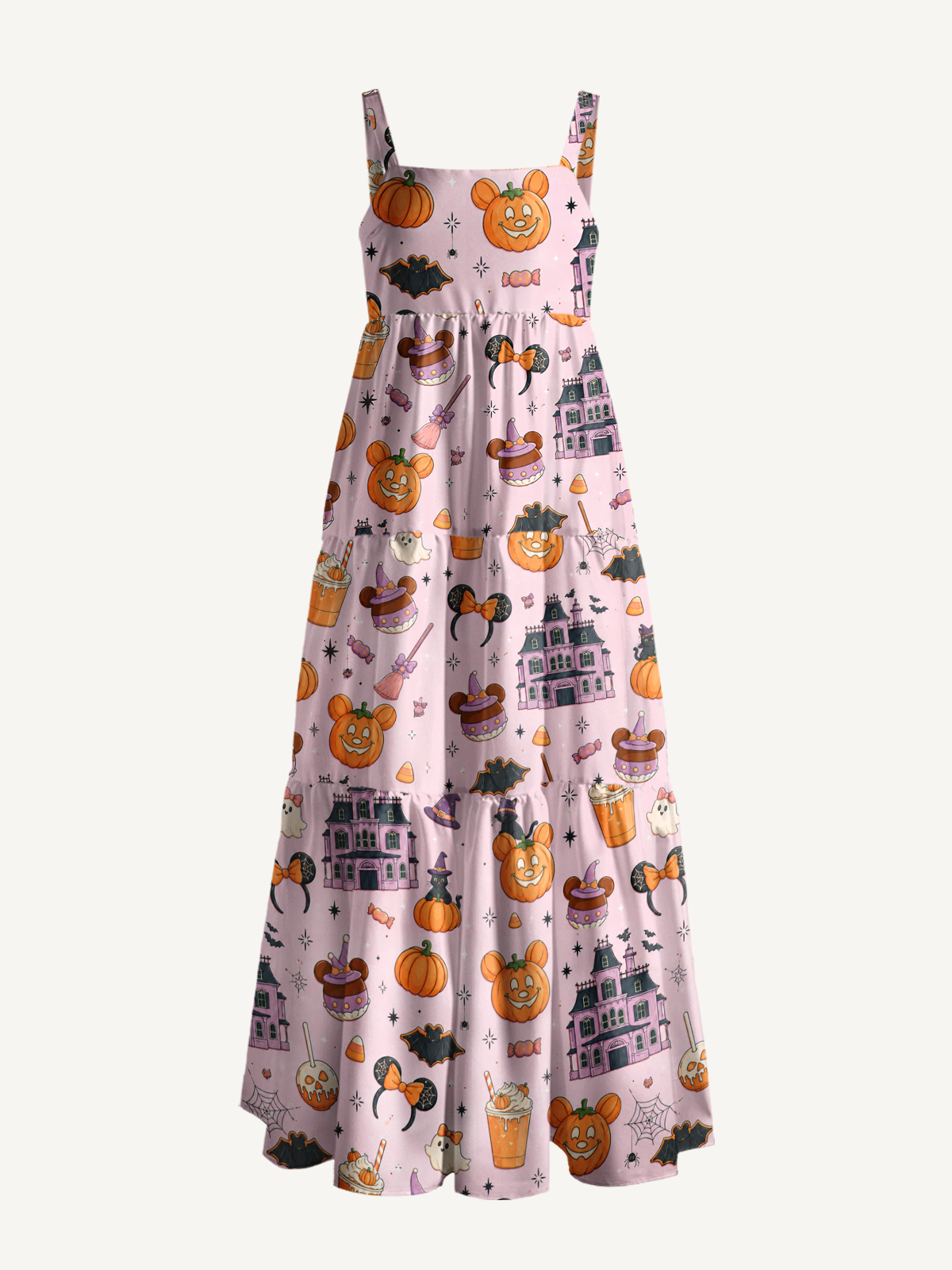 Pink Halloween Pumpkin Manor Print Wide Straps Maxi Dress With Pockets