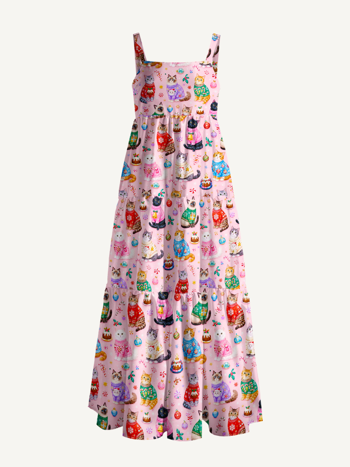 Christmas Sweater Cats Holiday Print Wide Straps Maxi Dress With Pockets
