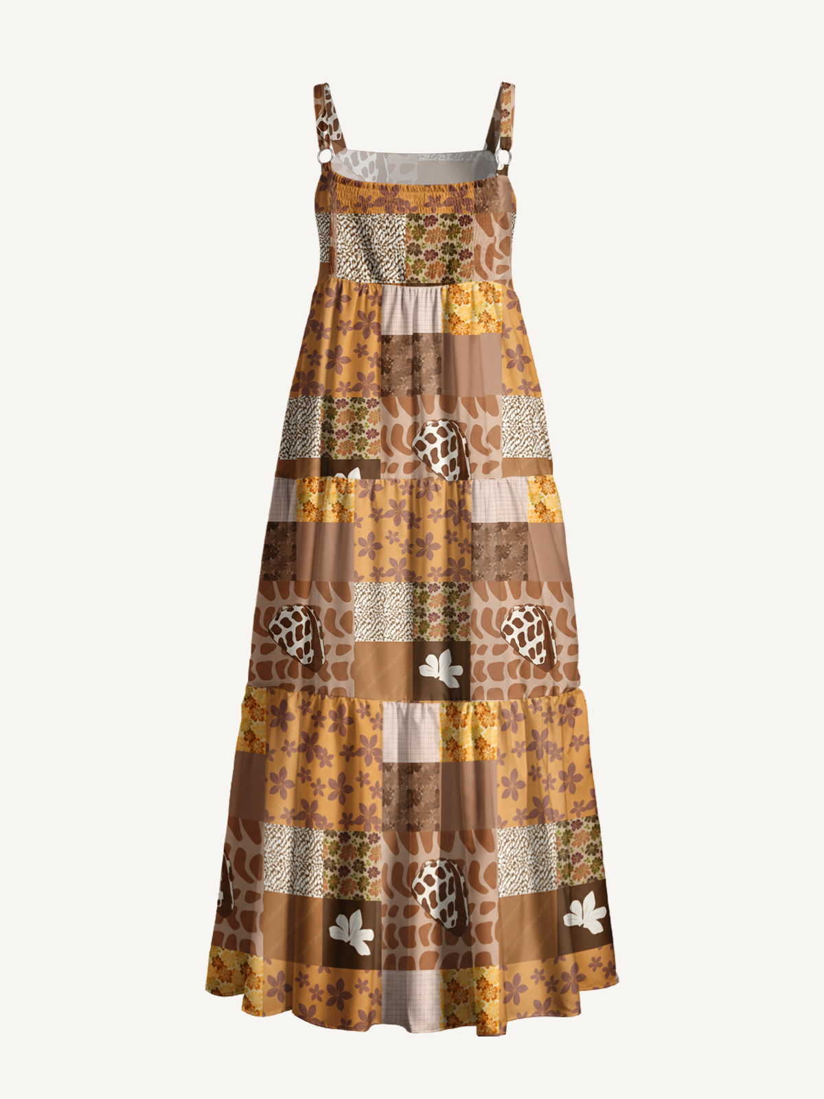 Cocoa Shell Patchwork Print Wide Straps Maxi Dress With Pockets