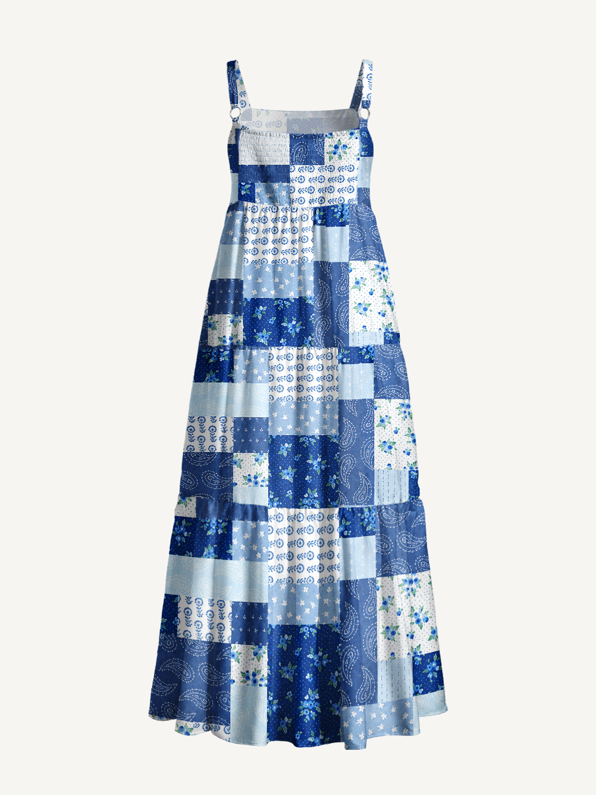 Blueberry Paisley Patchwork Print Wide Straps Maxi Dress With Pockets