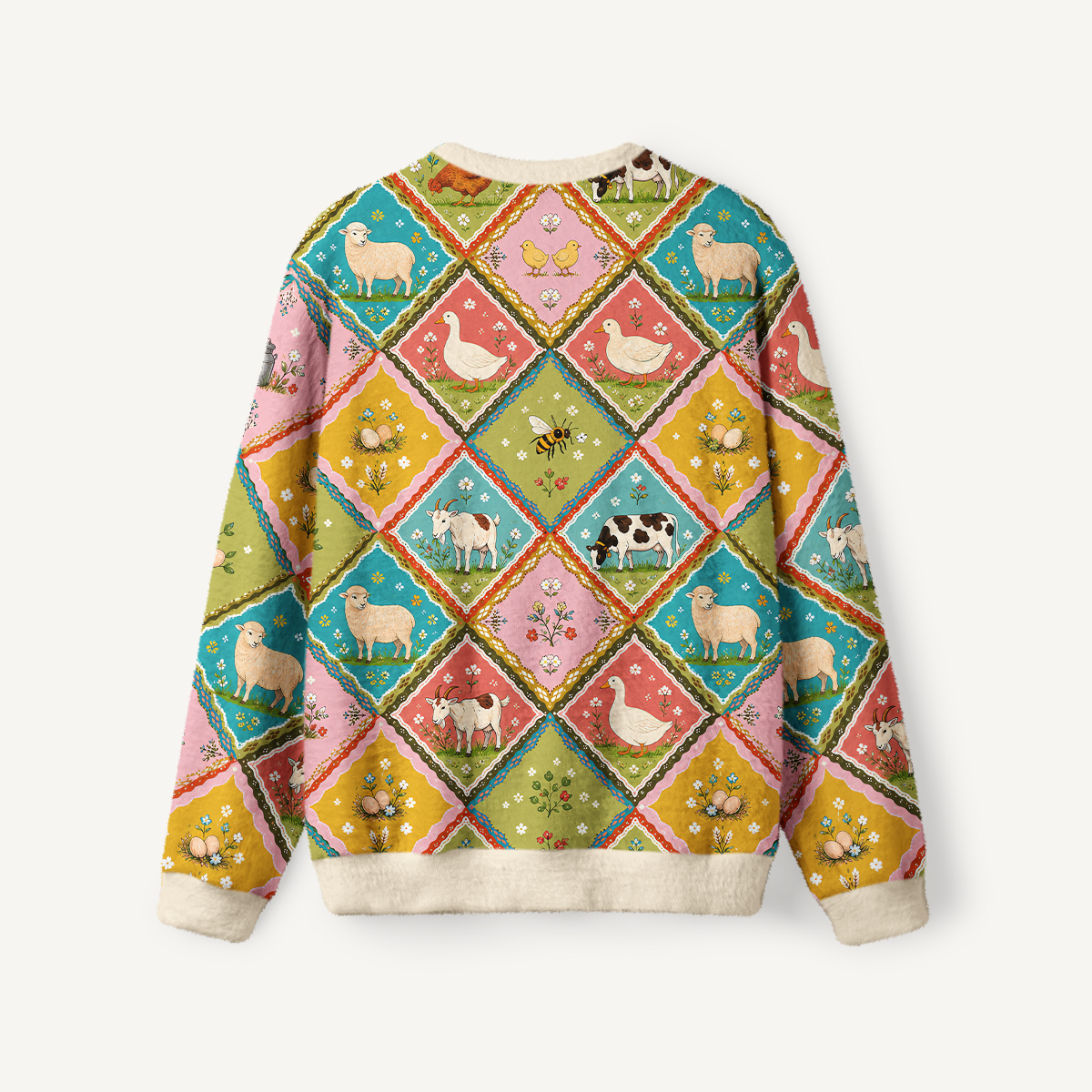 Cozy Countryside Farm Animal Patchwork Fuzzy Crewneck Sweater