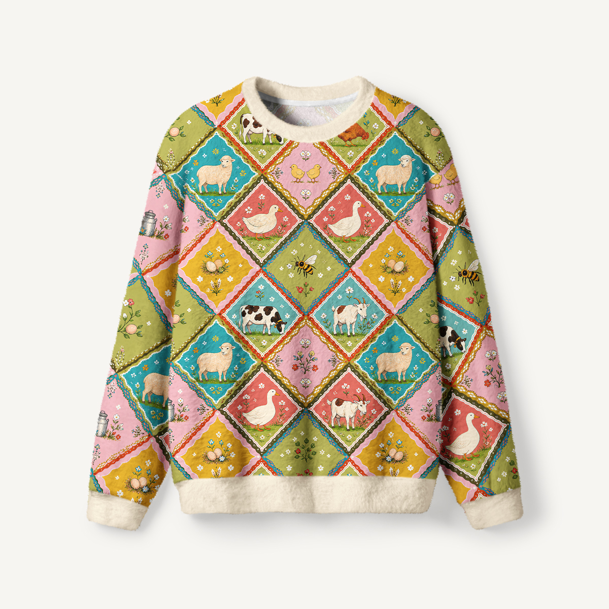 Cozy Countryside Farm Animal Patchwork Fuzzy Crewneck Sweater