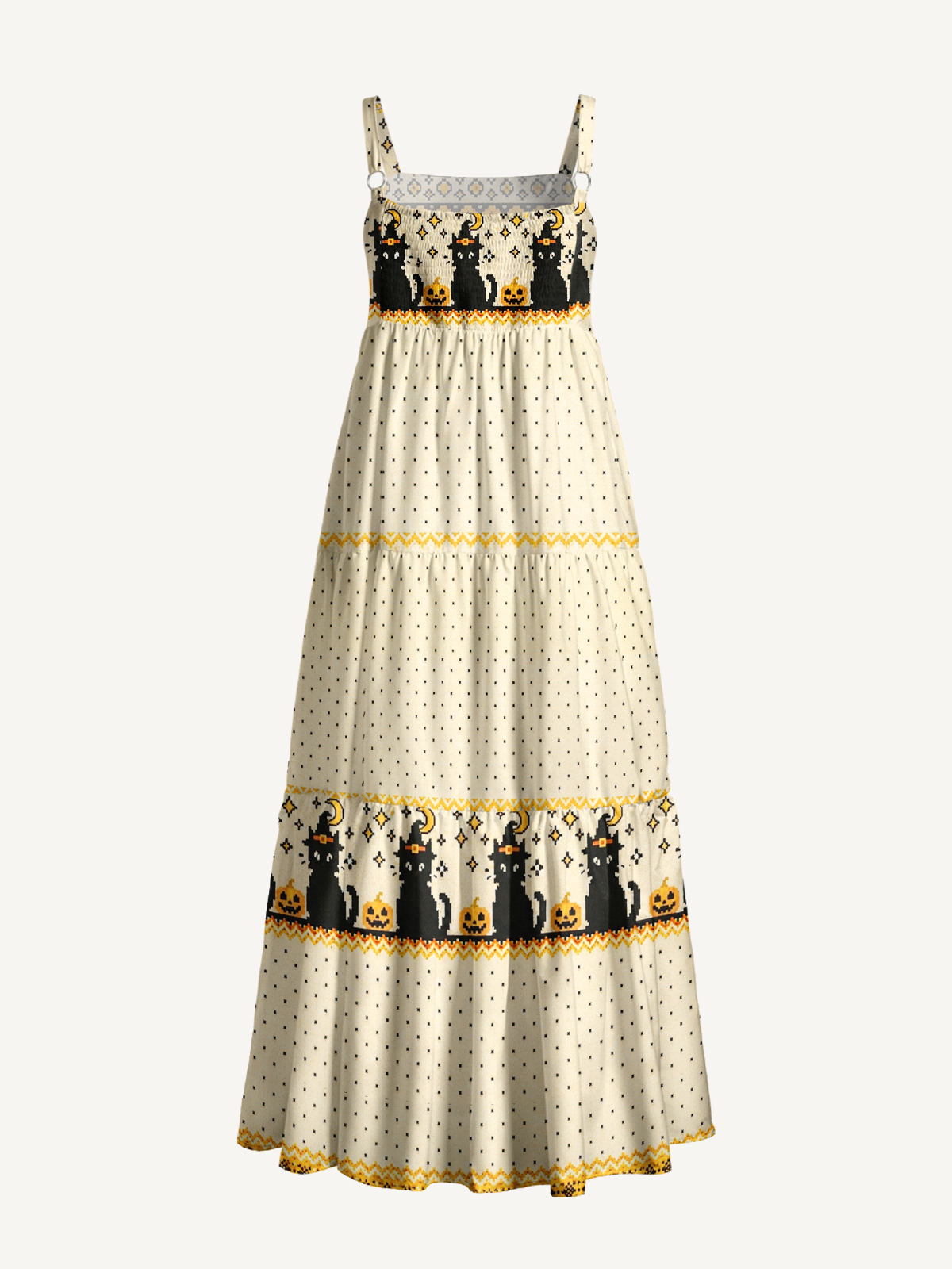  Witchy Black Cat & Pumpkin Halloween Print Wide Straps Maxi Dress With Pockets