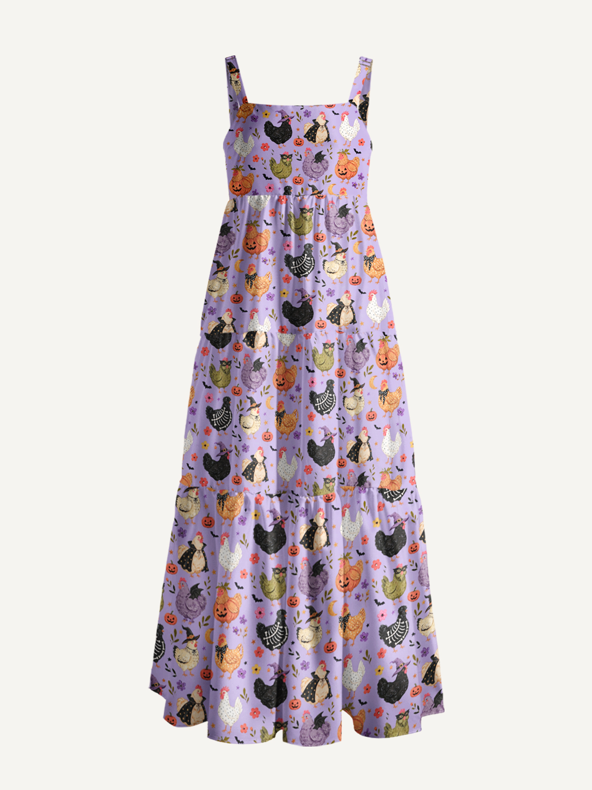  Witchy Halloween Hen & Pumpkin Print Wide Straps Maxi Dress With Pockets