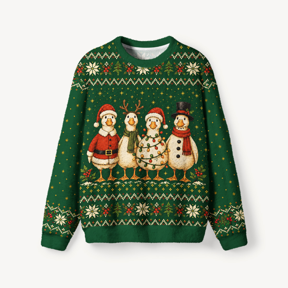 Cozy Country Christmas Ducks Fuzzy Crewneck Sweater
