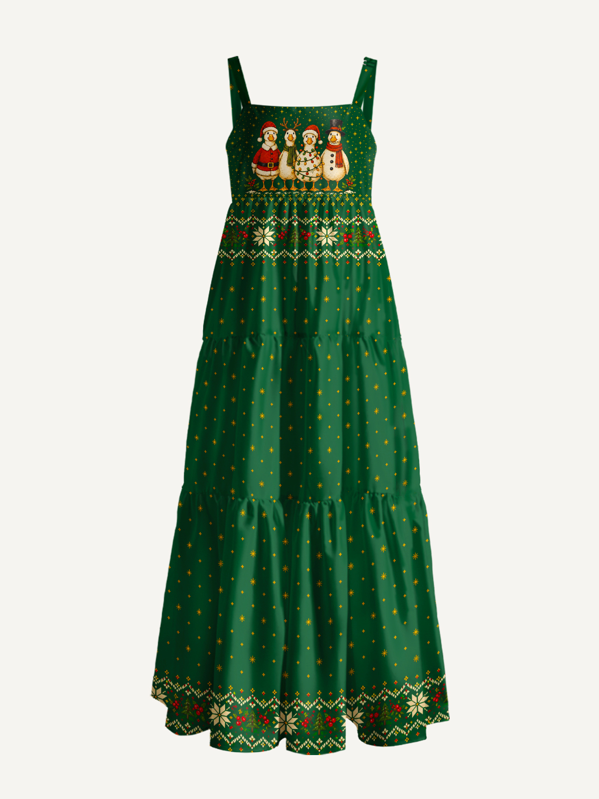 Cozy Country Christmas Ducks Print Wide Straps Maxi Dress With Pockets