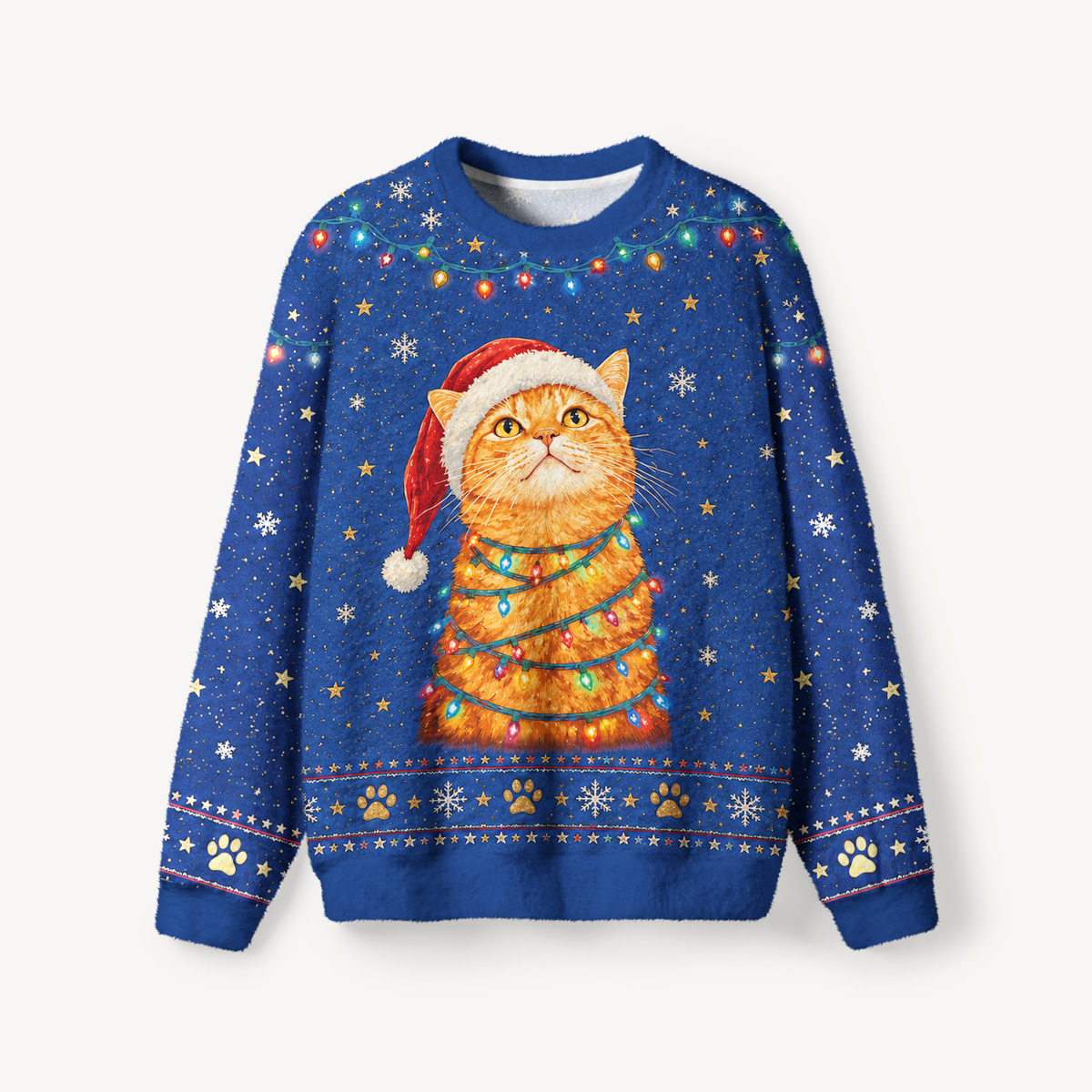 Cozy Christmas Cat Lights Fuzzy Crewneck Sweater