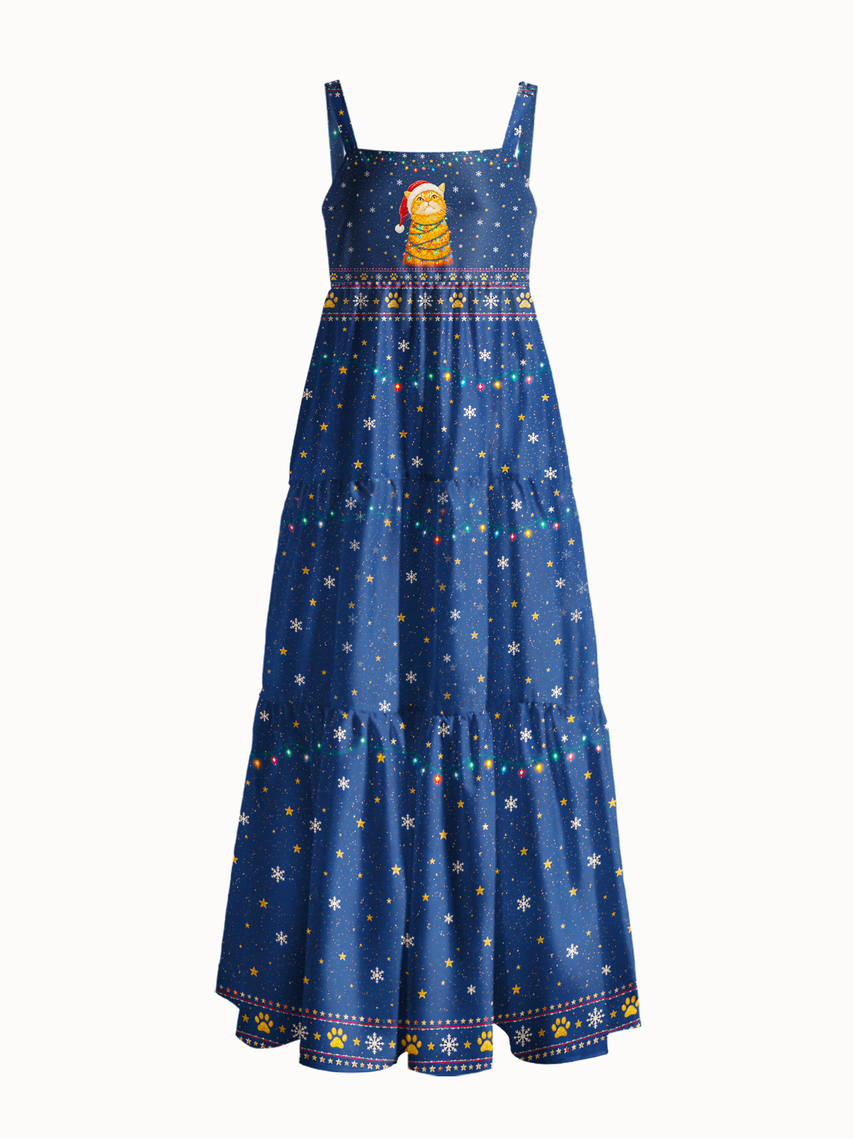 Cozy Christmas Cat Lights Print Wide Straps Maxi Dress With Pockets