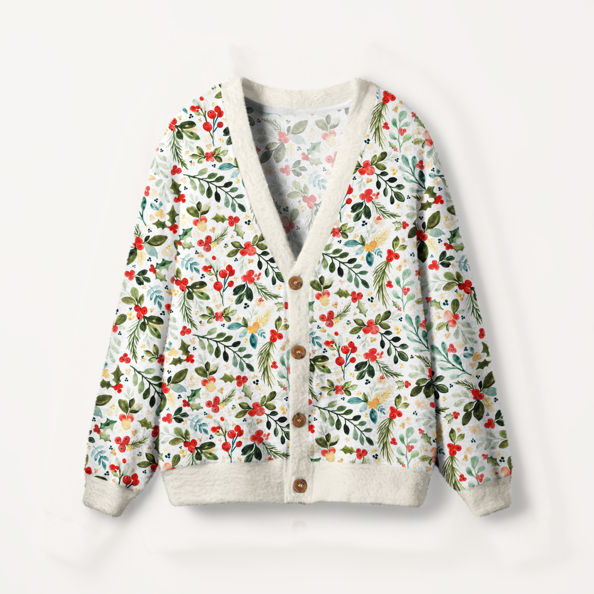 Christmas Holly Berry & Pine Print Ugly Cardigan Sweaters