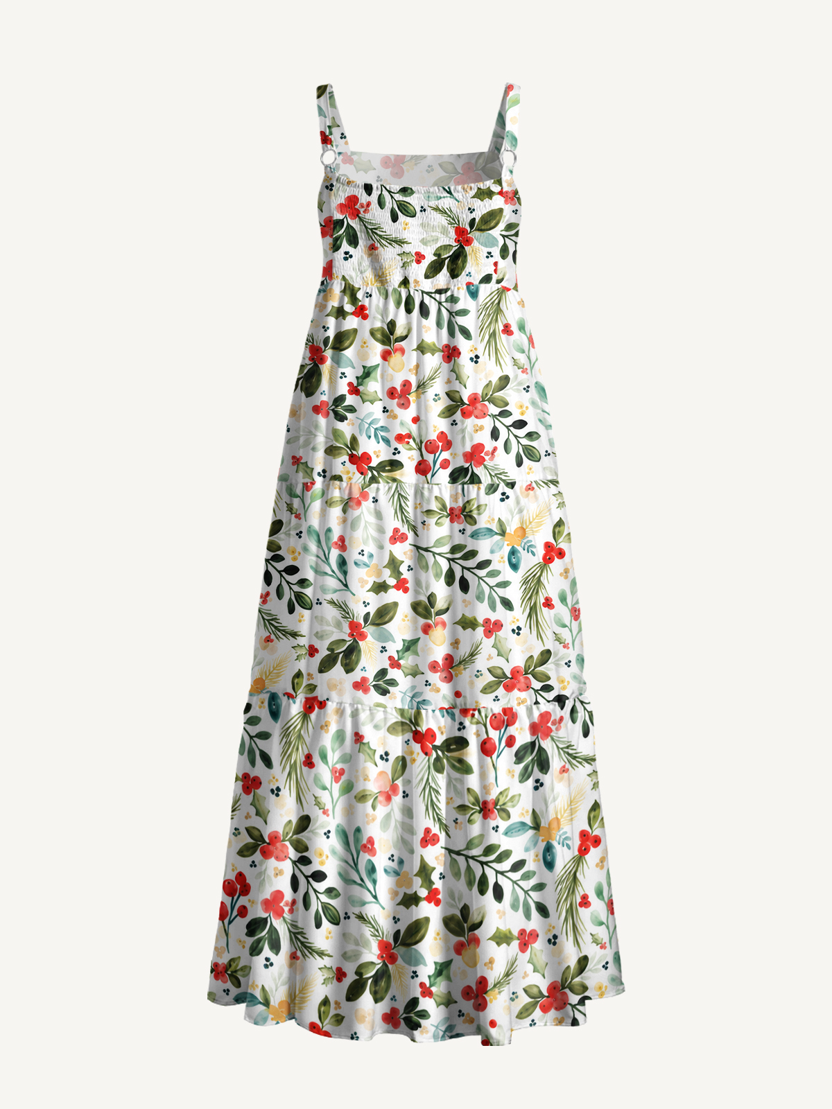 Christmas Holly Berry & Pine Print Wide Straps Maxi Dress With Pockets