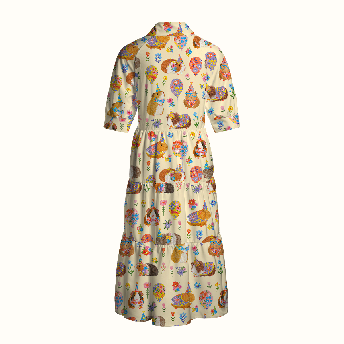 V Neck Collared Guinea Pig Garden Party Print Casual Midi Dress With Pockets